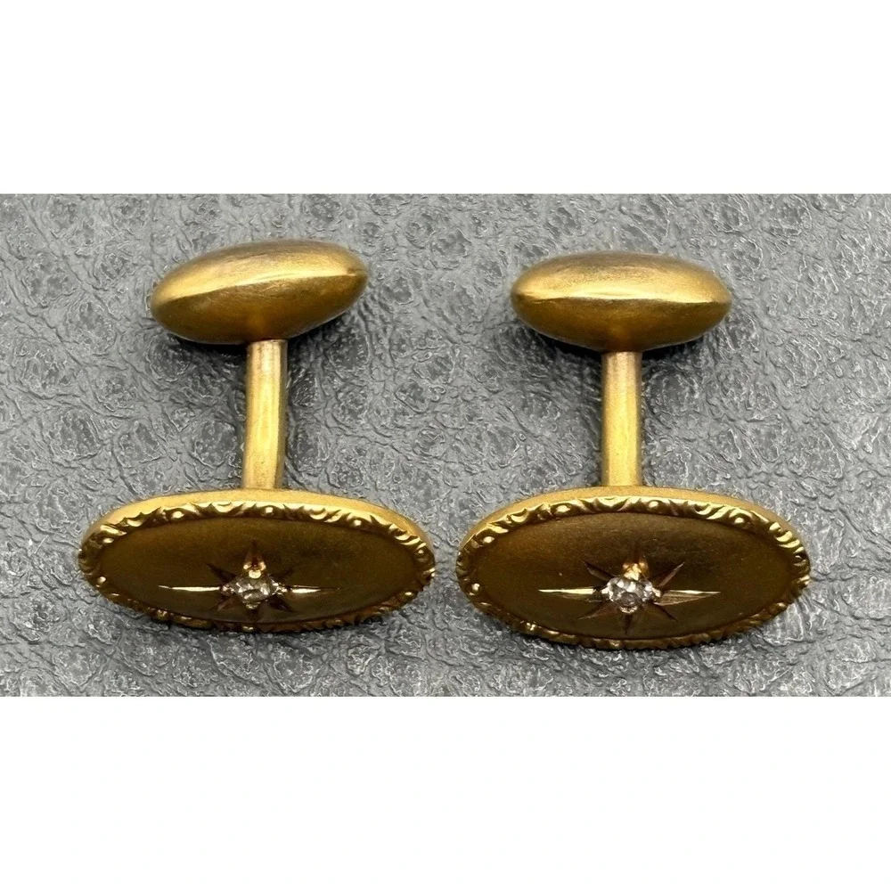 VTG Victorian 14K Solid Yellow Gold Genuine Diamond Star Starburst Cufflinks